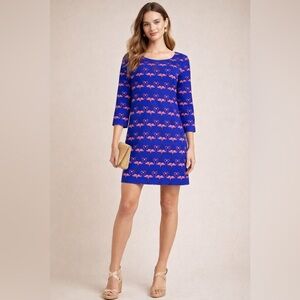 Harlyn Flamingo Print Silk Shift Dress XS Anthropologie Bluepink  3/4 slv Tunic